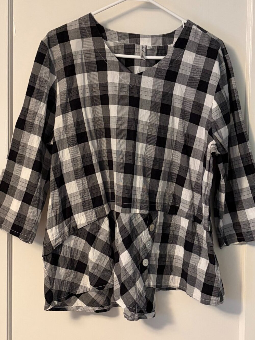 Lulu B black and white plaid blouse asymmetric hem 3/4 sleeve lagenlook size XL